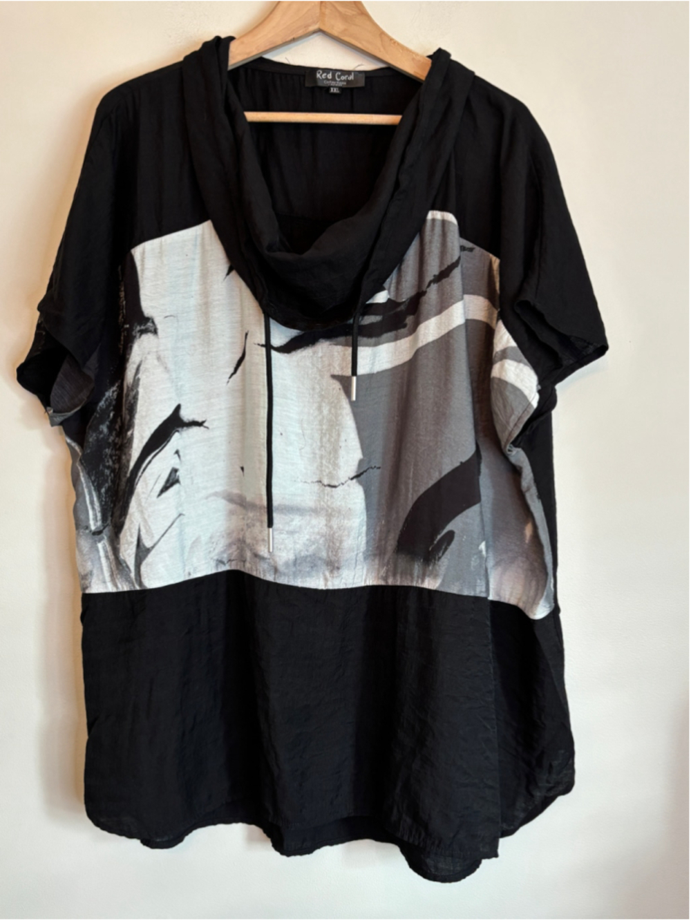 Red Coral Cowl Neck Tunic Top XXL Black Grey Abstract Print Lagenlook Artsy